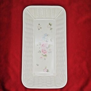 Bread Basket Serving Platter Pfaltzgraff Tea Rose Wicker Dish Pink Flowers 12.5"